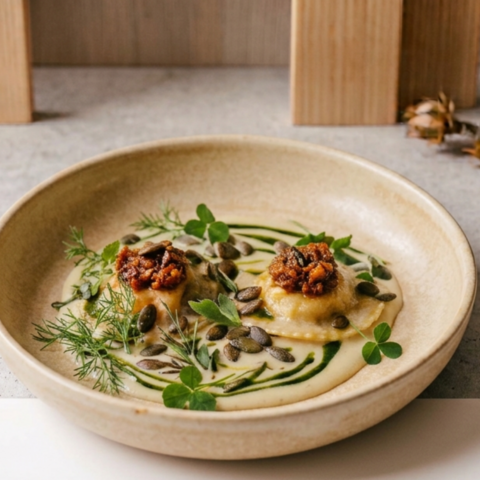 Michael Wankerls Kürbis Hoch Drei: Kürbis-Ravioli mit Beurre Blanc & hausgemachter Kürbis-XO-Sauce